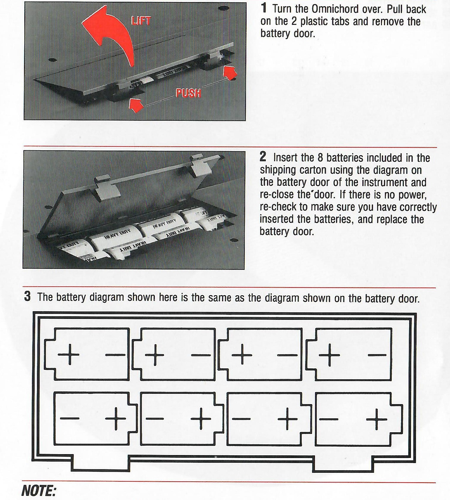 Battery-door removal, battery placement and eight-cell orientation diagram.
