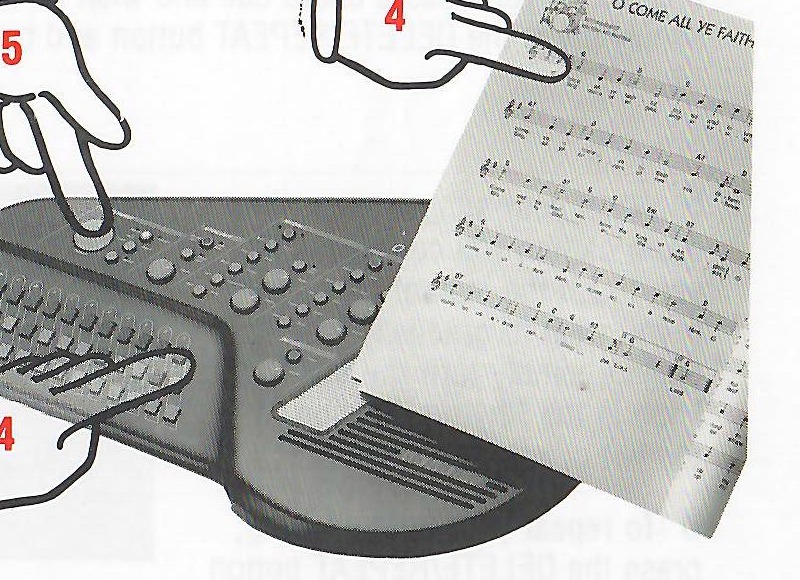 Hands selecting a chord from sheet music and entering it into memory.