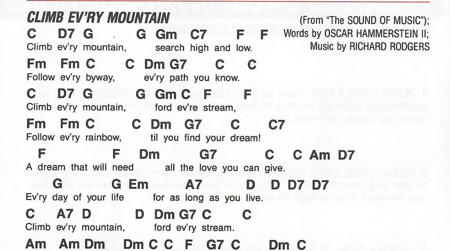 Original top-line chord and lyric layout for Climb Ev'ry Mountain.
