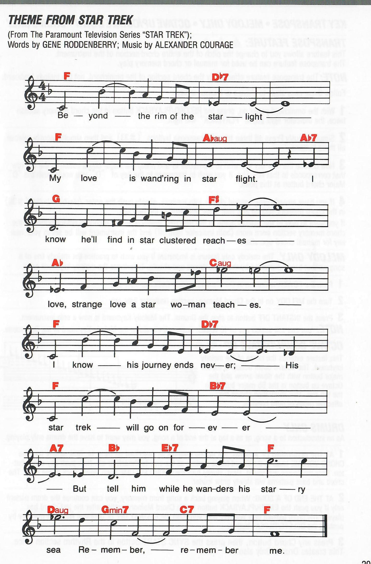 Original printed score for Theme from Star Trek with melody, lyrics and chord symbols.