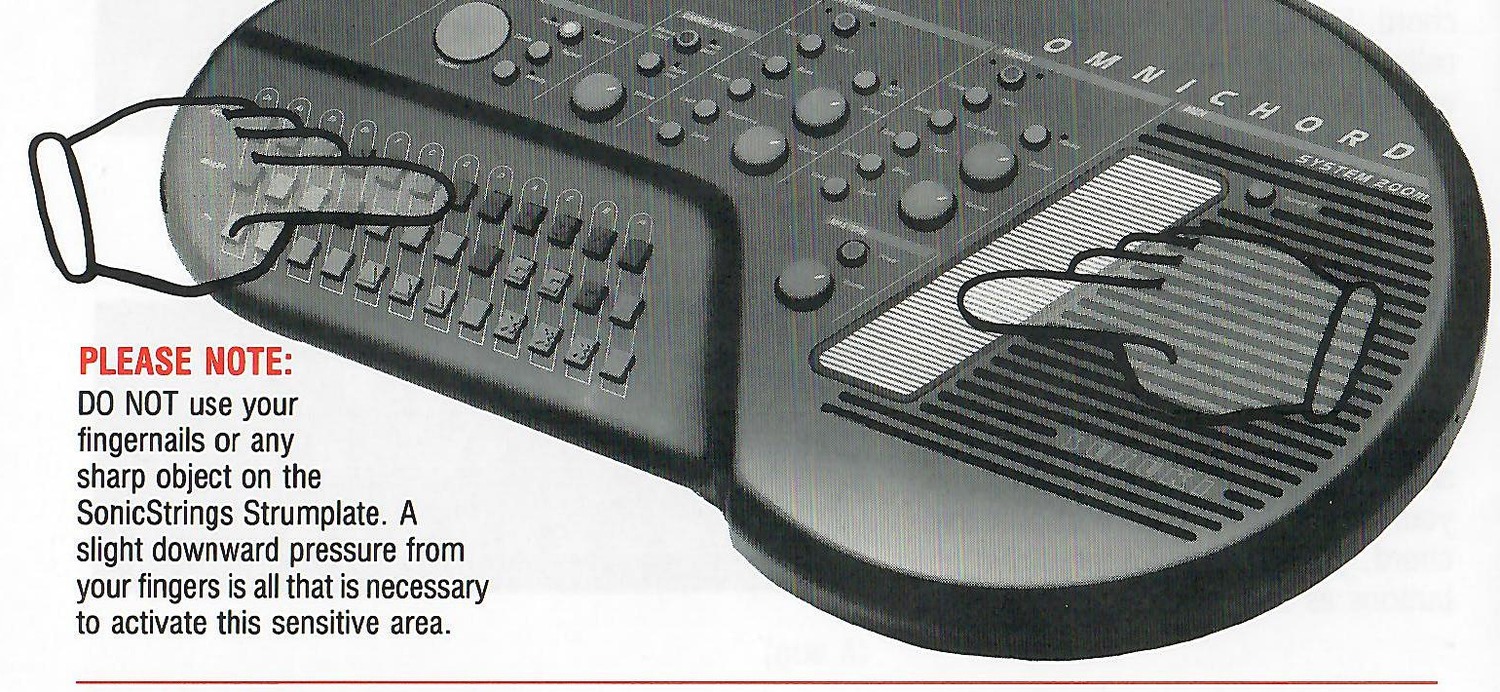 Hands selecting a chord and strumming the SonicStrings Strumplate, with the original safety callout.