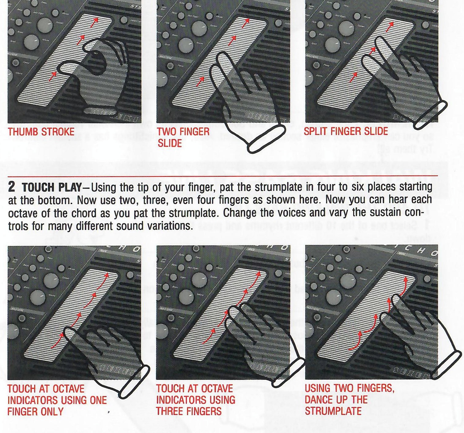 Six original diagrams showing thumb stroke, two-finger and split-finger slides, and touch-play techniques.