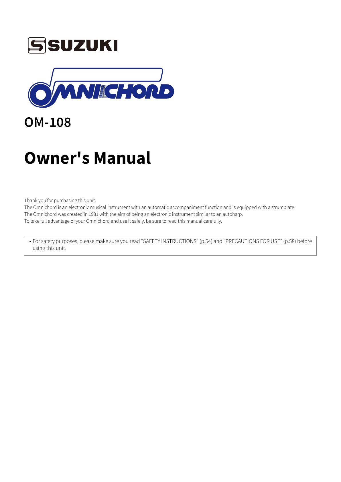 Suzuki OM-108 Owner's Manual, page 1 of 60