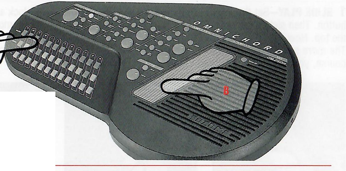 Hands selecting a chord and strumming for combination play.