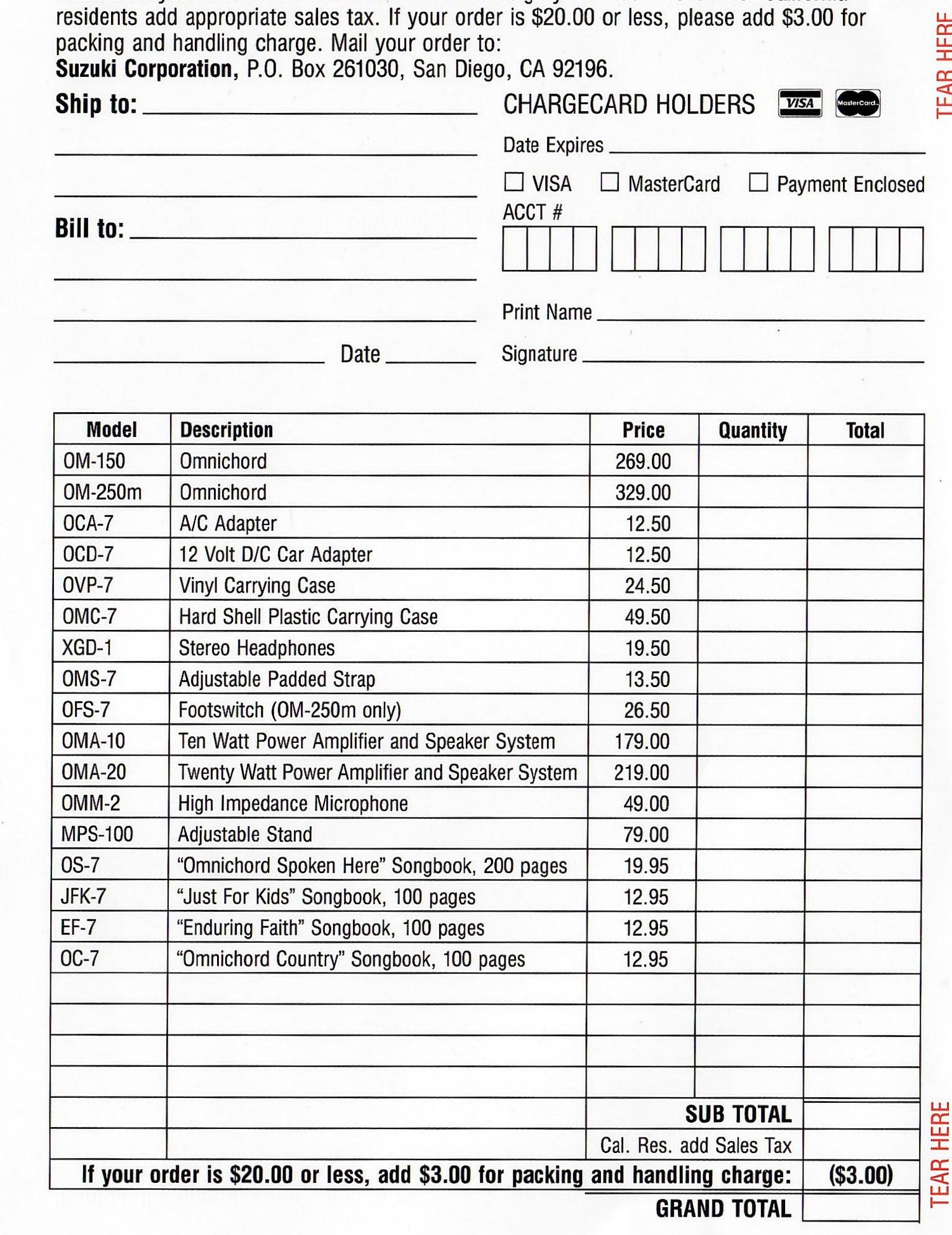 Original printed accessory order form with product, price, quantity and payment fields.