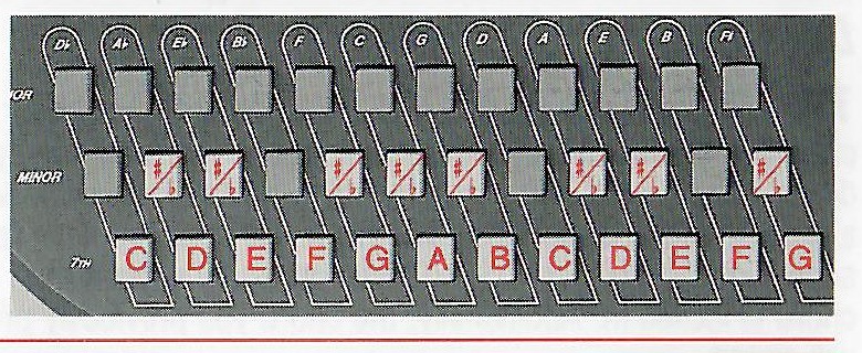 Chromatic melody-keyboard notes marked on the OM-250m chord buttons.