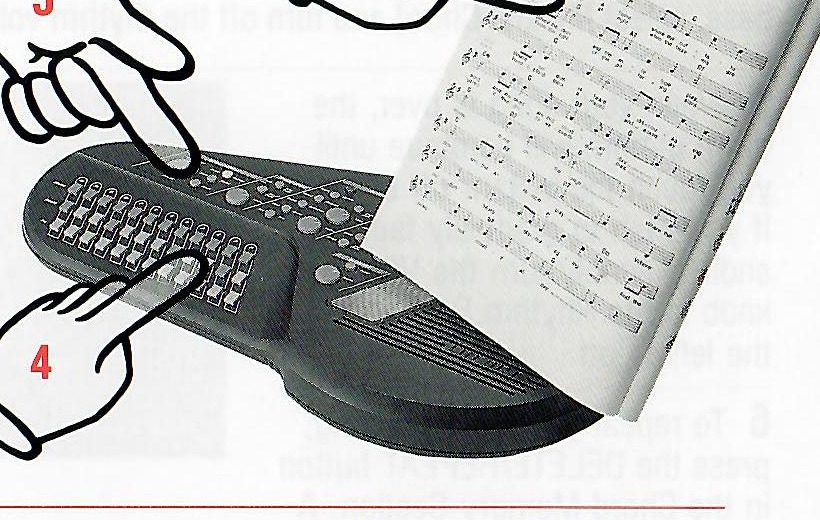 Hands selecting a chord from sheet music and entering it into memory.