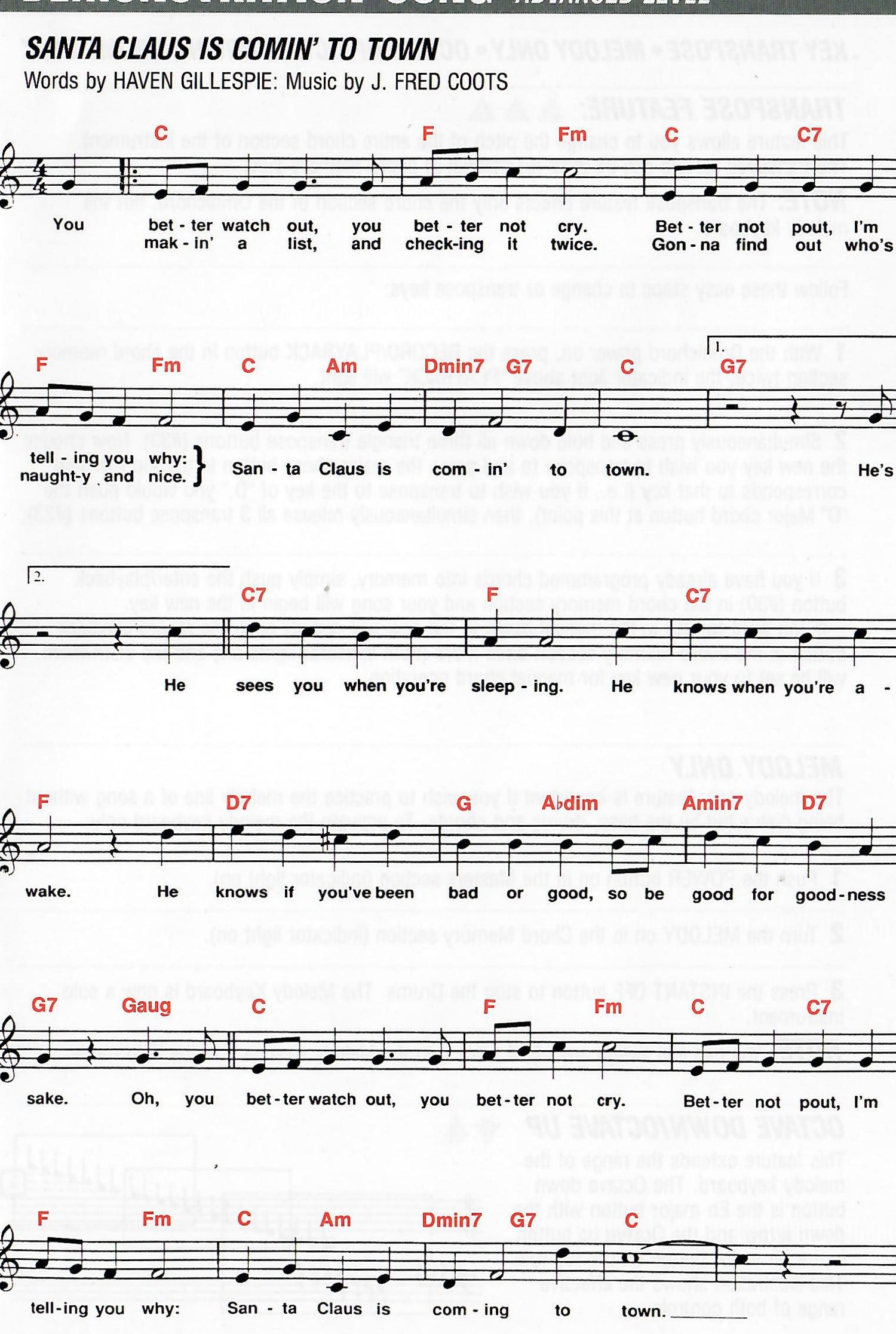 Original score for Santa Claus Is Comin' to Town with melody, lyrics and chord symbols.