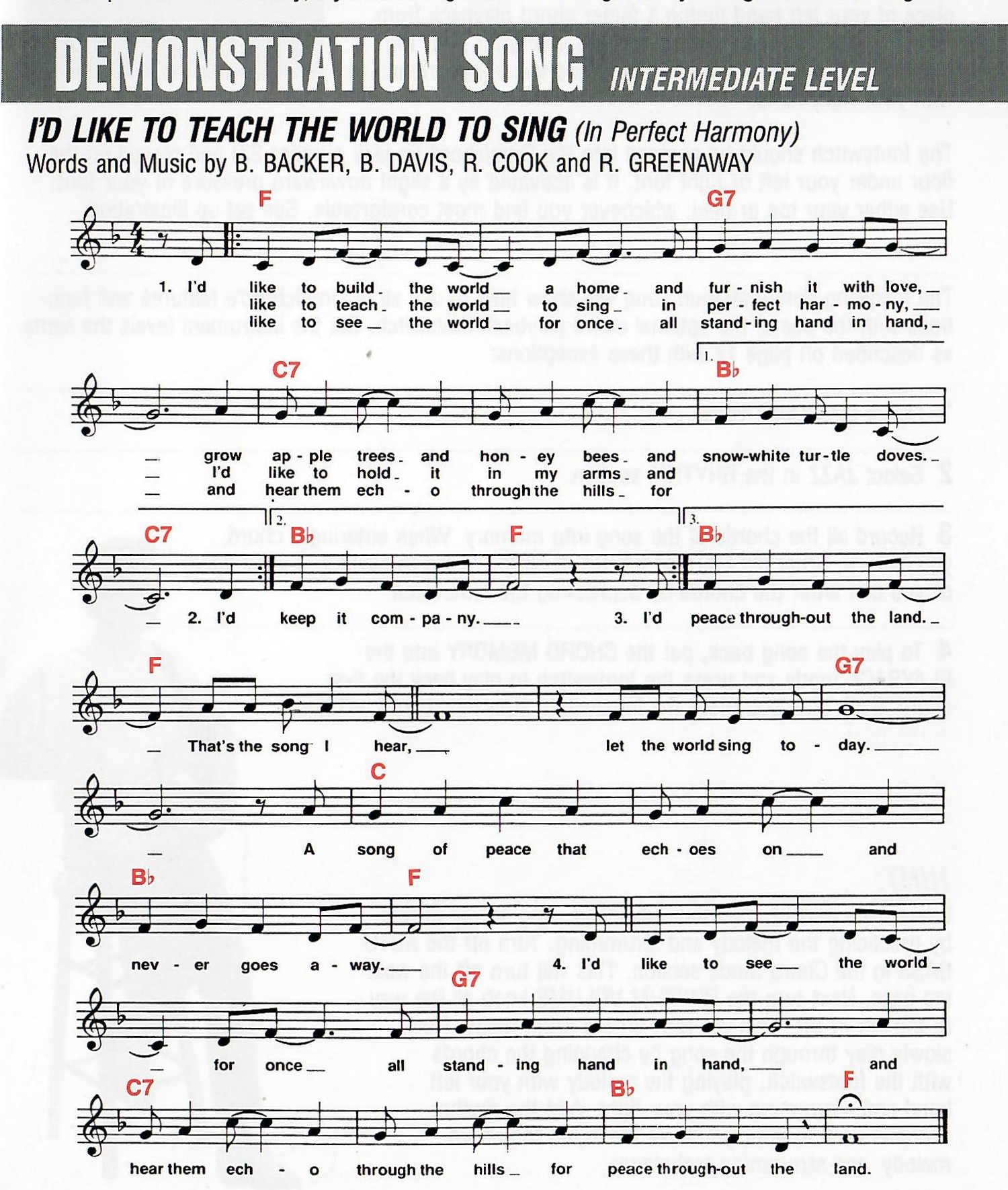Original score for I'd Like to Teach the World to Sing with melody, lyrics and chord symbols.