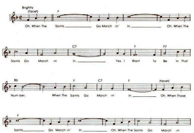 Musical notation for When the Saints Go Marching In, with chord symbols and lyrics.