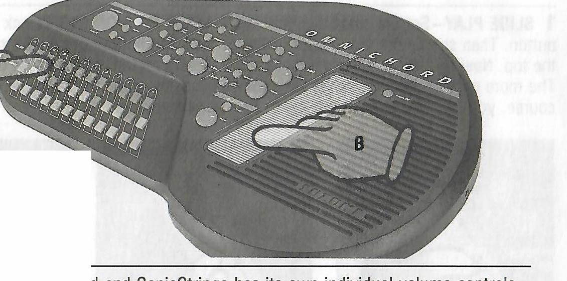 Hands selecting a chord and strumming for combination play.