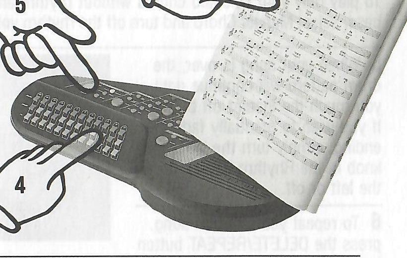 Hands selecting a chord from sheet music and entering it into memory.
