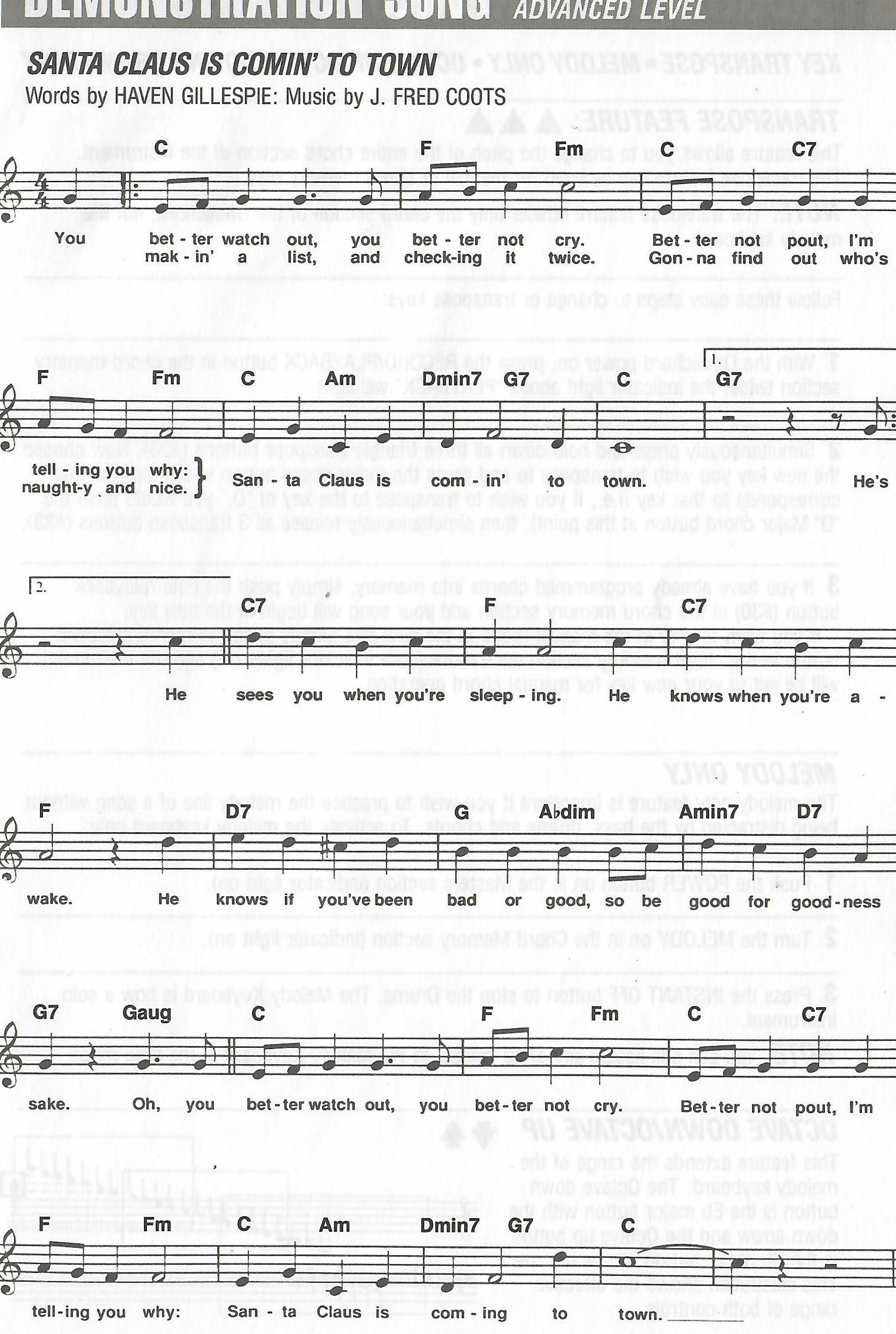 Original score for Santa Claus Is Comin' to Town with melody, lyrics and chord symbols.