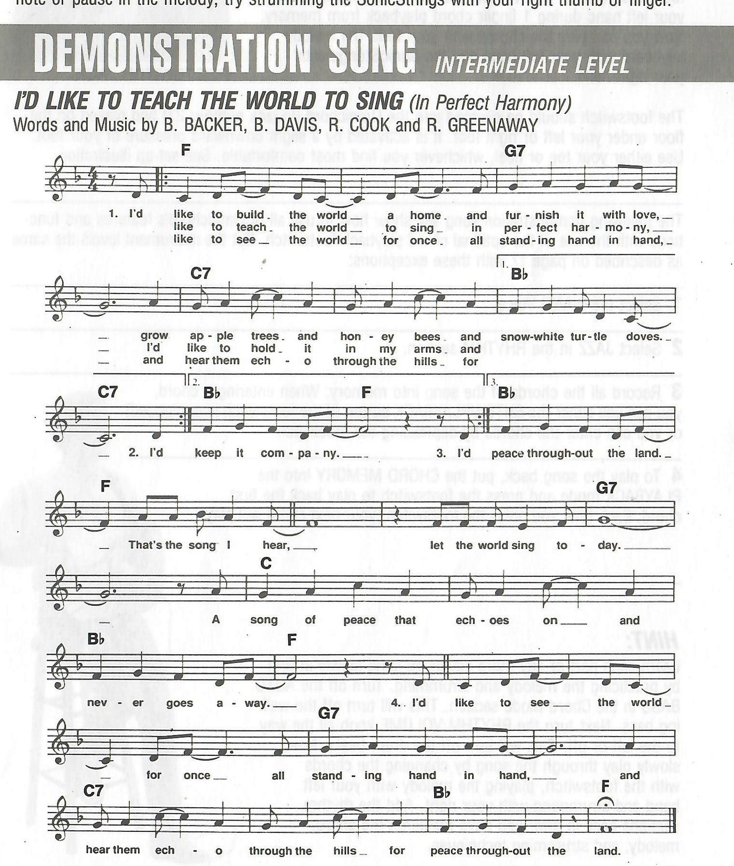 Original score for I'd Like to Teach the World to Sing with melody, lyrics and chord symbols.