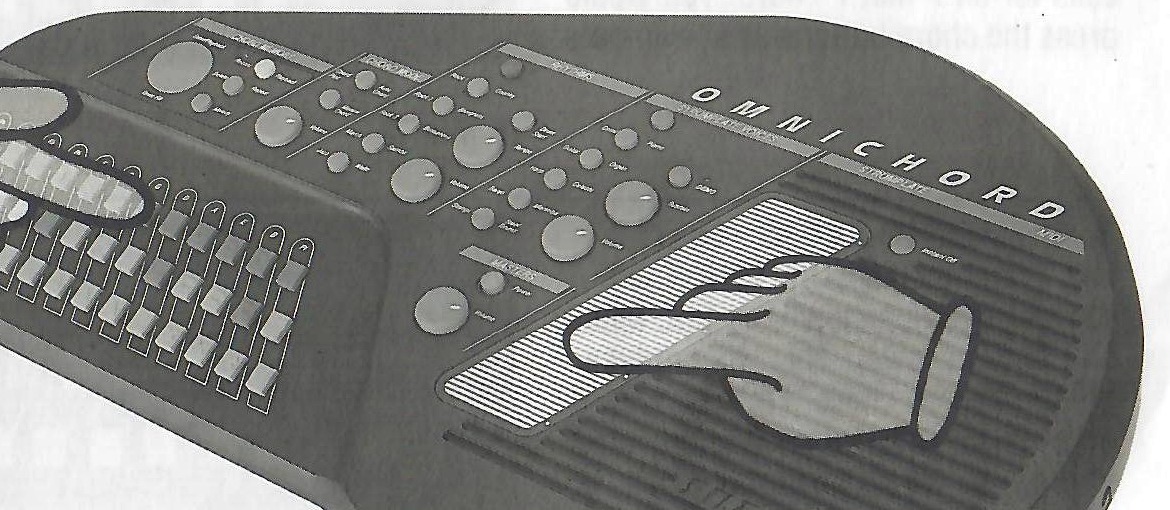 Hands selecting a chord and strumming the SonicStrings Strumplate, with the original safety callout.