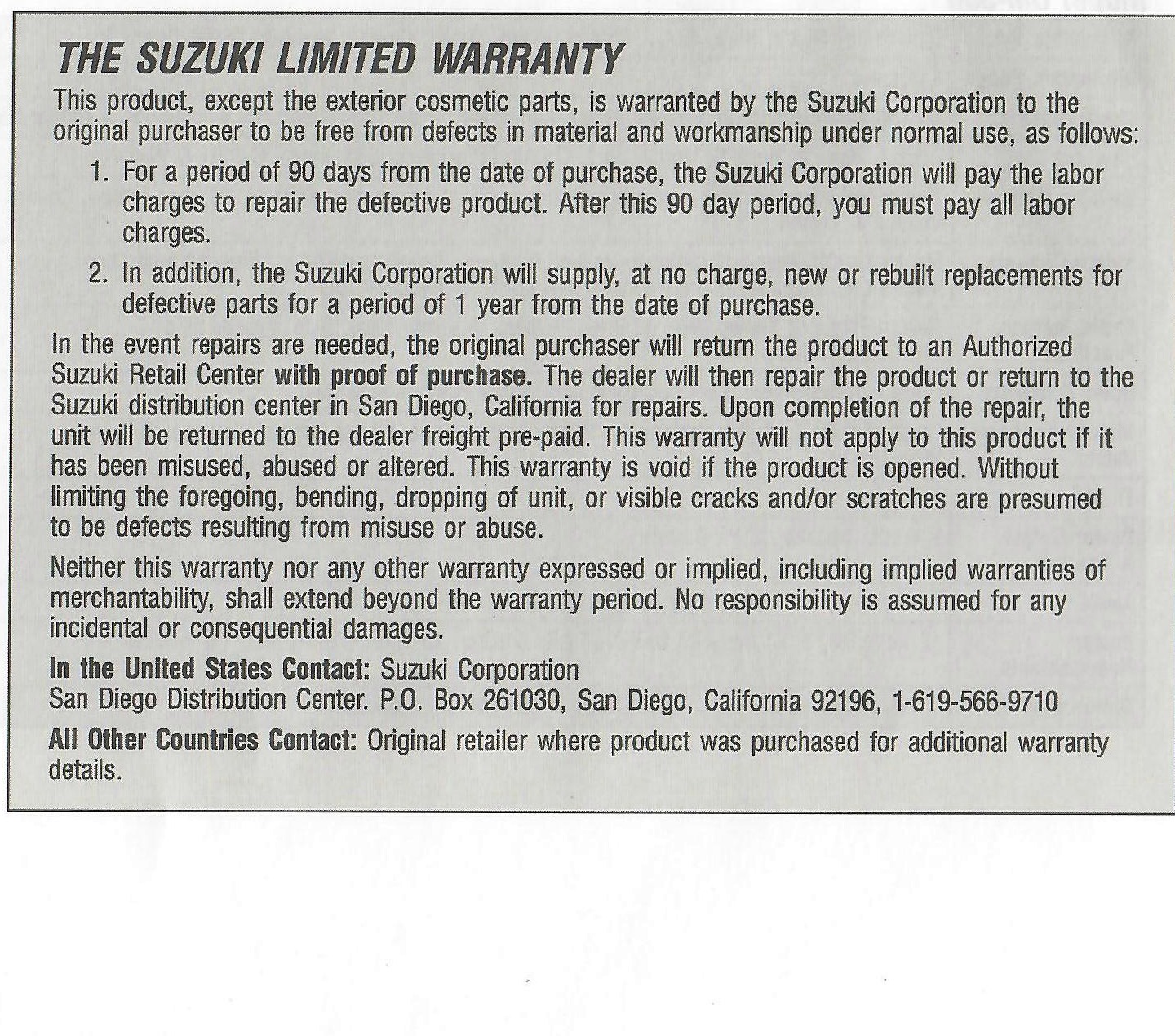 Original printed Suzuki limited-warranty panel.
