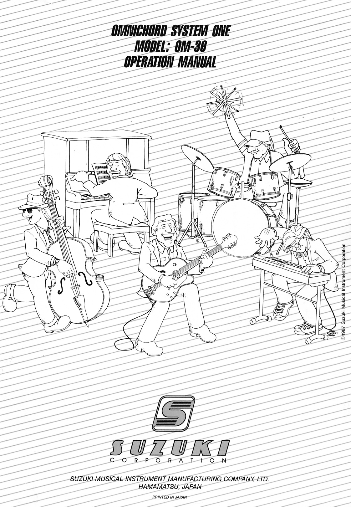 Original OM-36 back cover showing cartoon musicians and Suzuki branding.