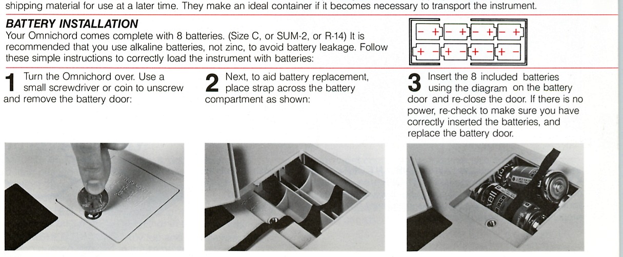 Three photographs showing removal of the OM-36 battery door, placement of the lifting strap and insertion of eight batteries.