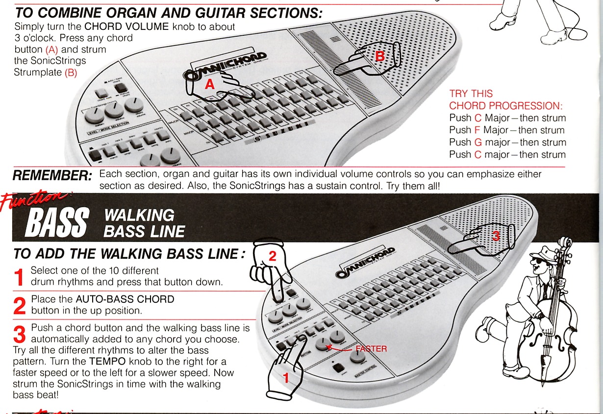 OM-36 diagrams showing chord selection, SonicStrings strumming and controls used to add a walking bass line.