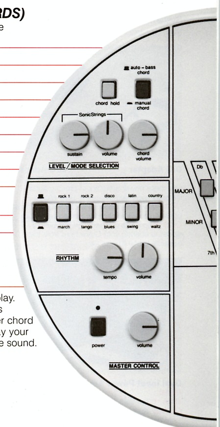 Detail of the OM-36 control panel showing recommended settings for the demonstration song.
