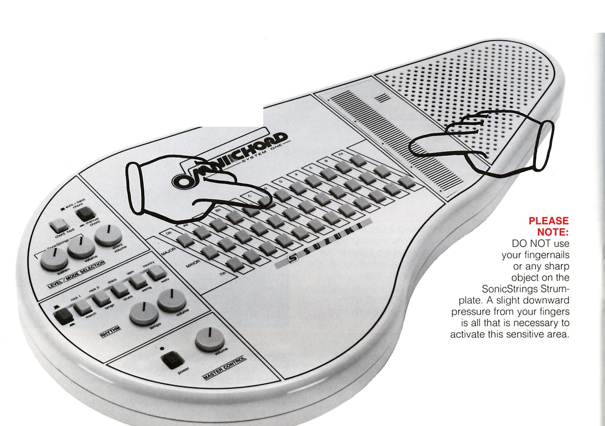 OM-36 with illustrated hands selecting a chord and strumming the SonicStrings plate.