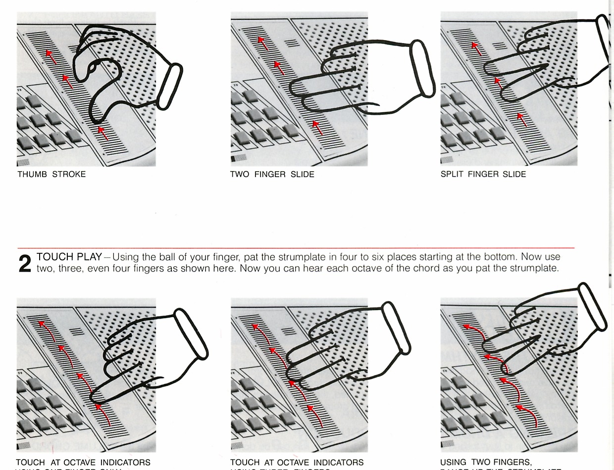 Six illustrated SonicStrings techniques including thumb stroke, multi-finger slides and touch play.