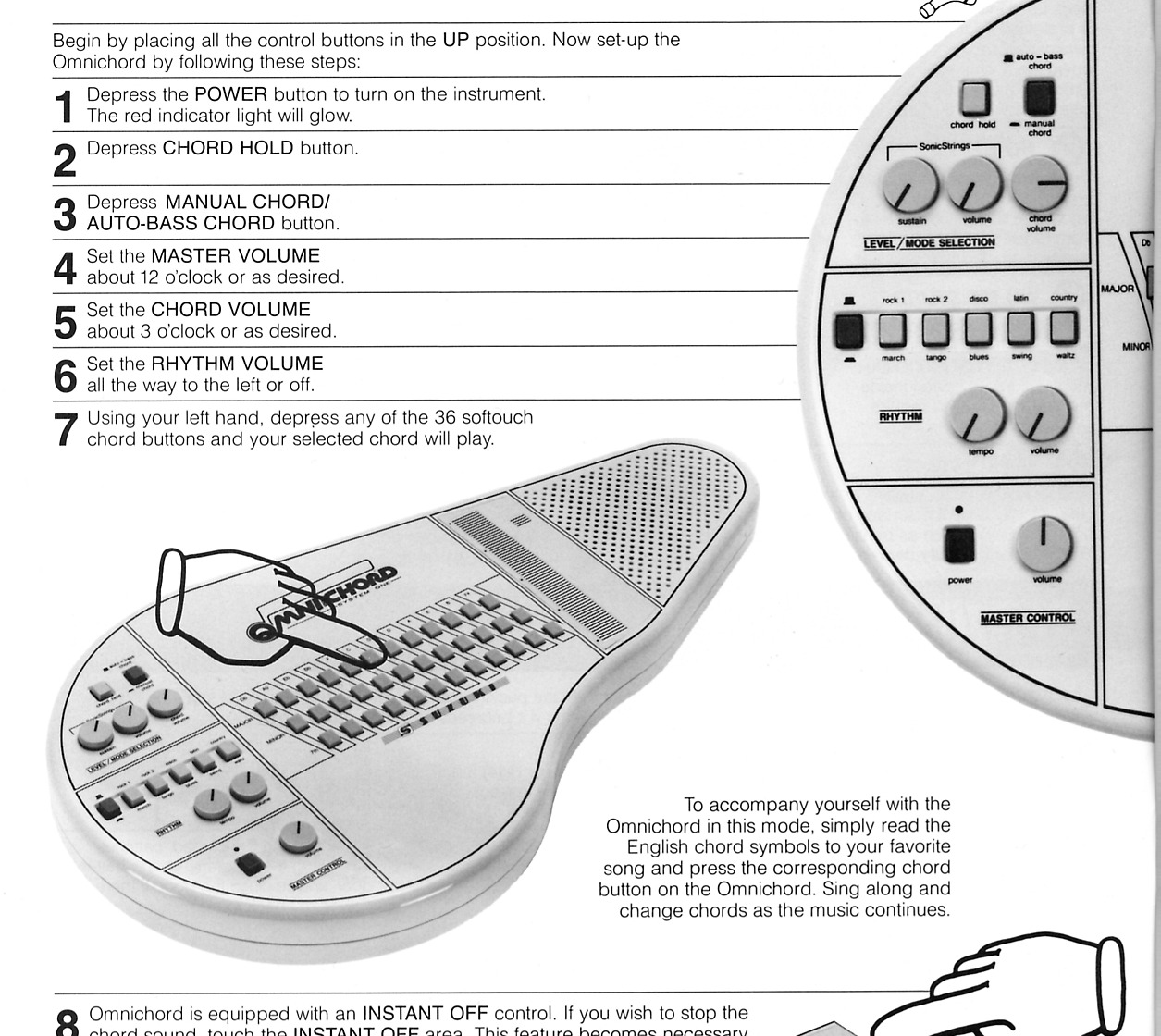 OM-36 control panel and hand illustrations showing one-finger chord play and the Instant Off area.