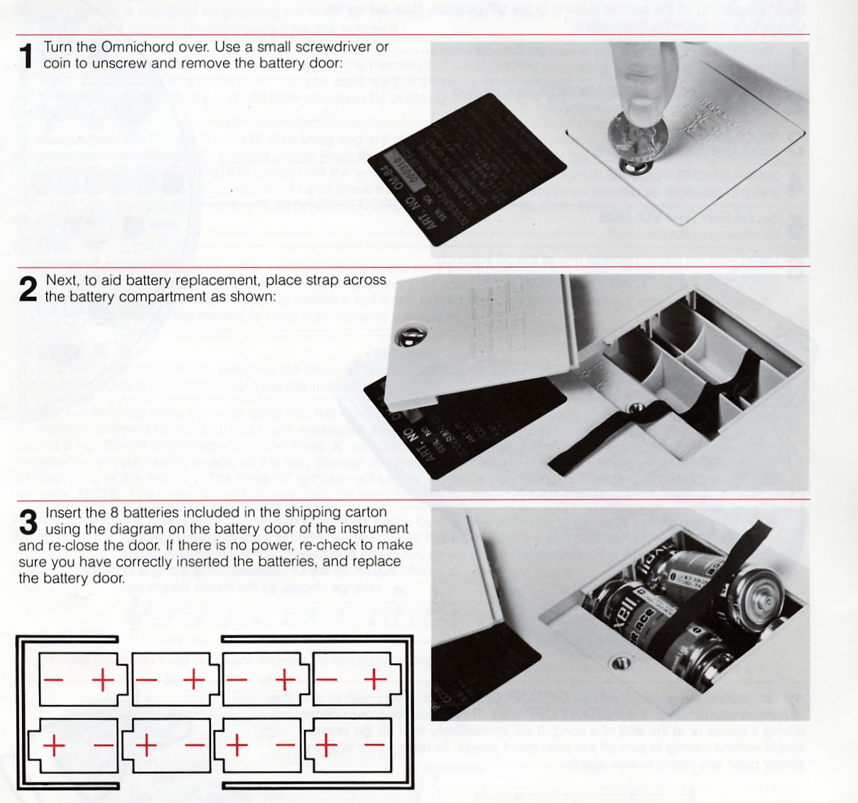 Battery-door removal, fabric strap placement, battery installation and polarity diagram.