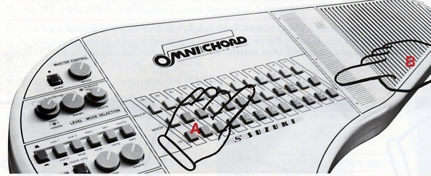Hands selecting a chord and strumming for combined organ and guitar play.