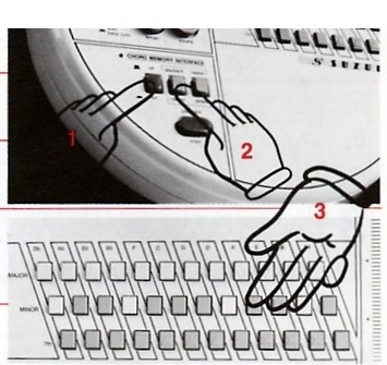 Original memory-programming illustrations showing the memory controls and chord buttons.
