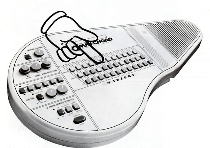 Hand pressing a chord button for one-finger chord play.