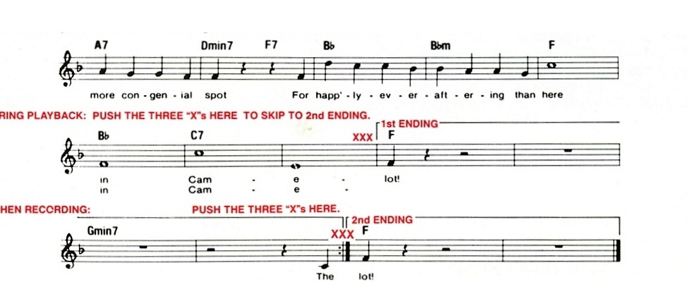 Printed musical example showing how the Skip marker is used with first and second endings.
