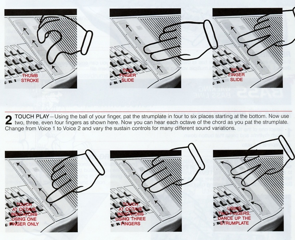 Six original illustrations demonstrating thumb, two-finger and split-finger slides plus one-, three- and two-finger touch play.