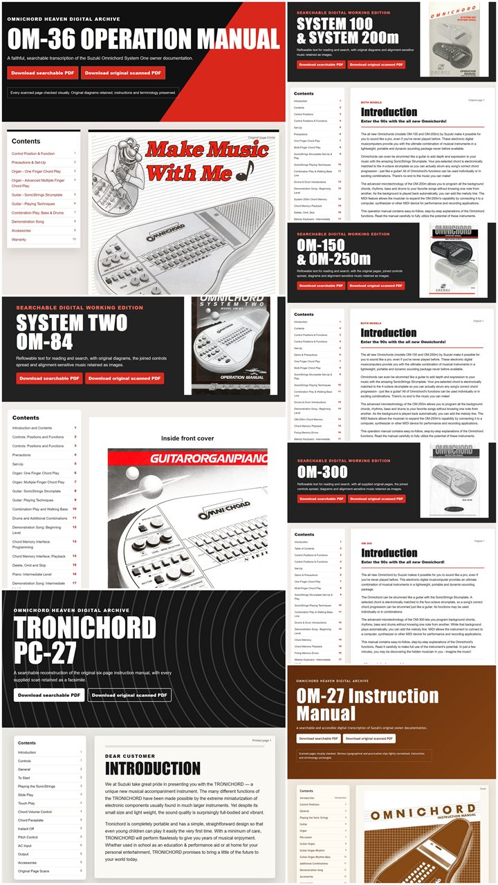 Collage of searchable Omnichord Heaven digital owner’s manuals for the OM-27, OM-36, OM-84, OM-100/200M, OM-150/250M, OM-300 and Tronichord PC-27
