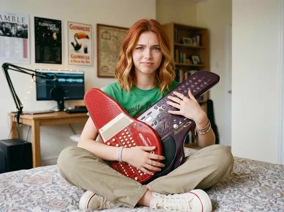 Aisling choosing between two Suzuki Omnichords