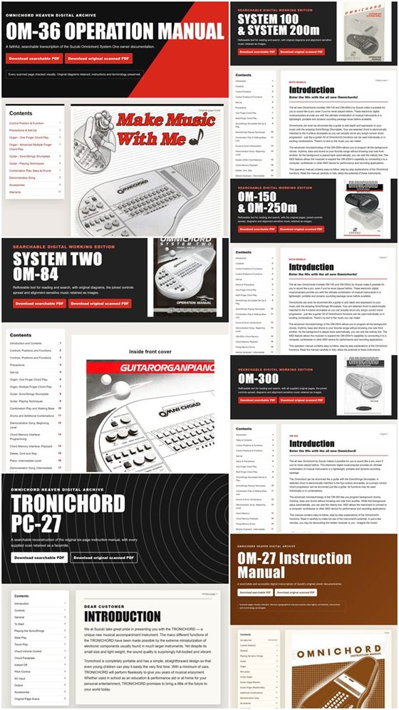 Collage of searchable Omnichord Heaven digital owner’s manuals for the OM-27, OM-36, OM-84, OM-100/200M, OM-150/250M, OM-300 and Tronichord PC-27