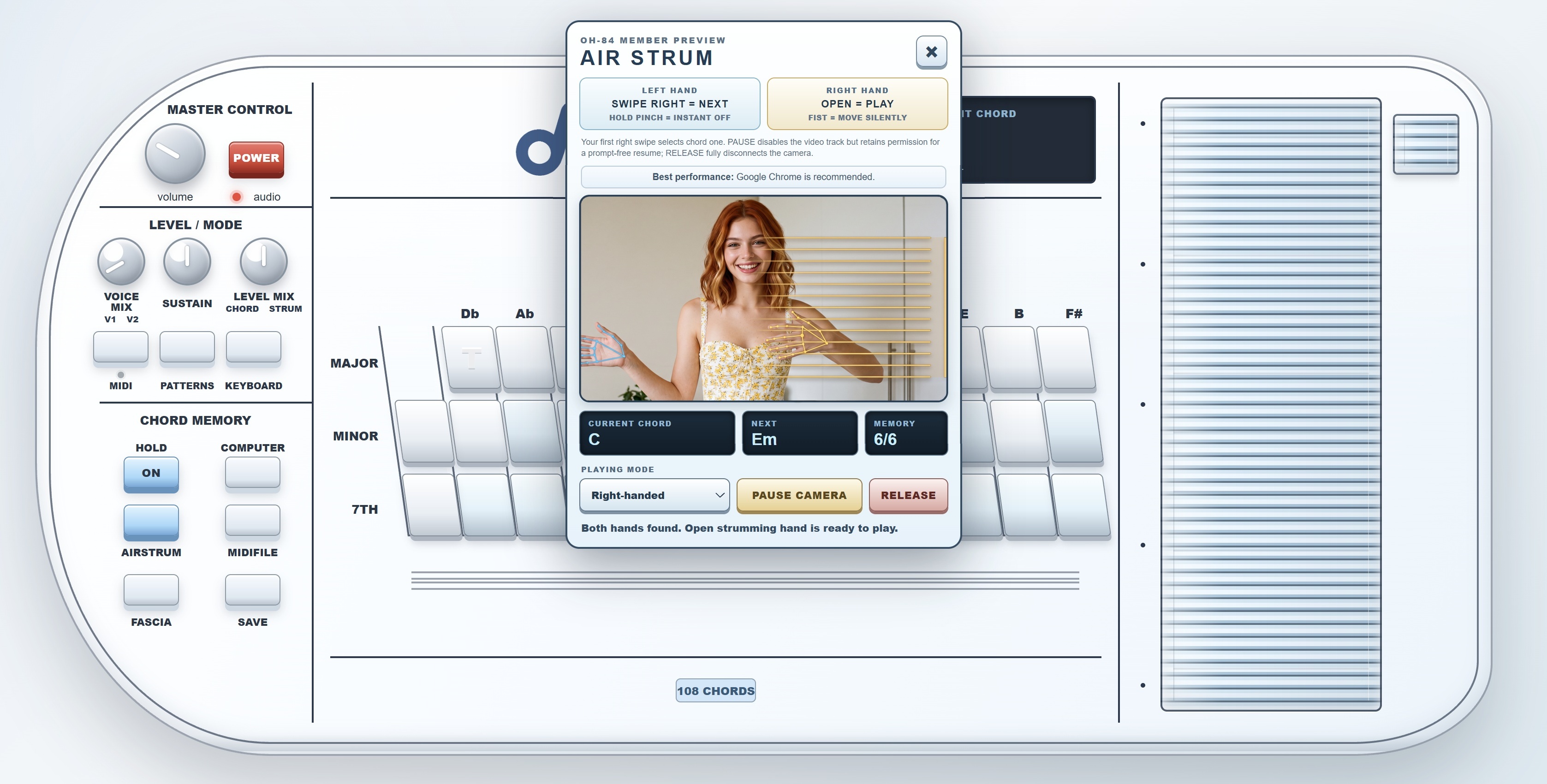 Aisling demonstrating AIRSTRUM hand tracking for the OH-84 online Omnichord