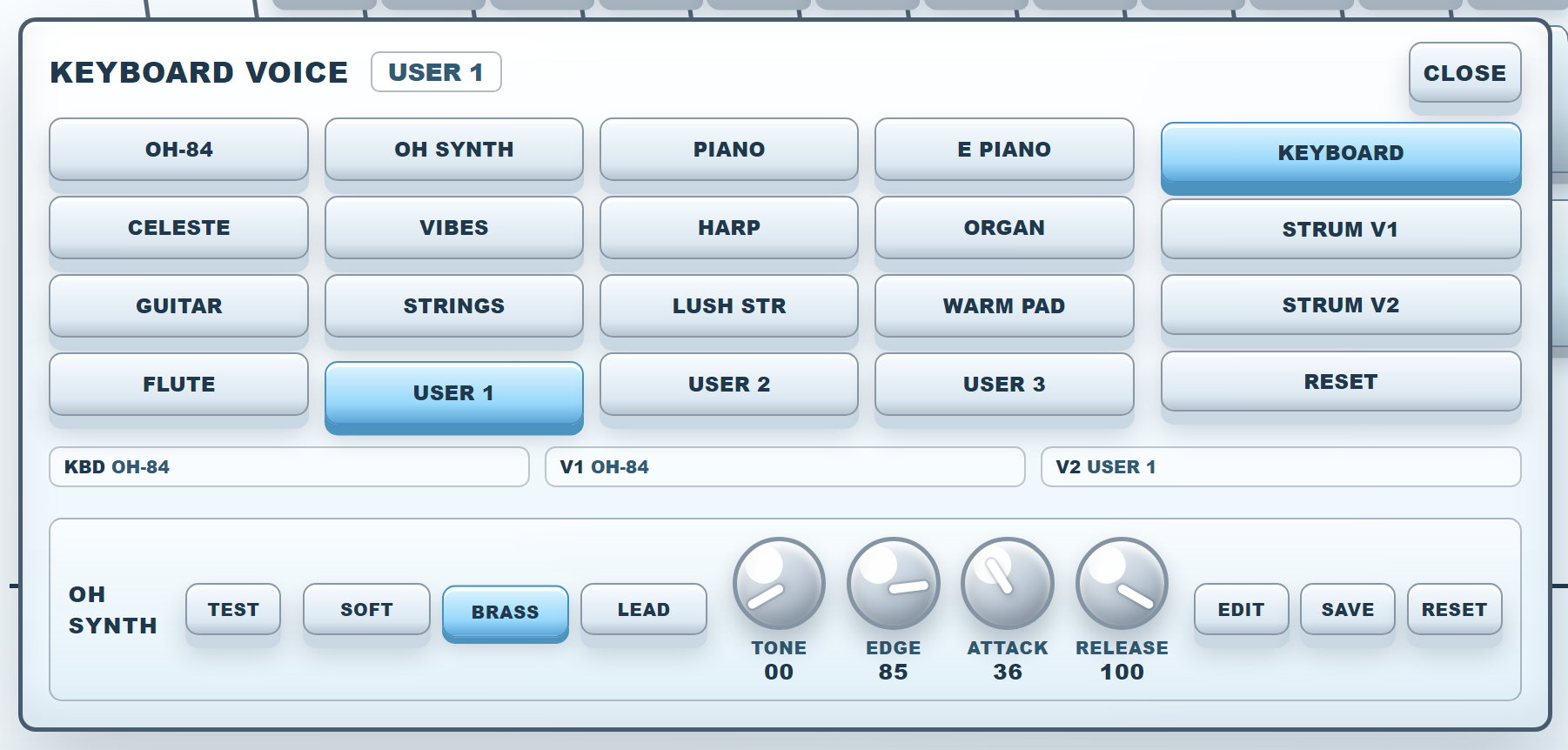 OH-84 Keyboard Voice menu and synth editor