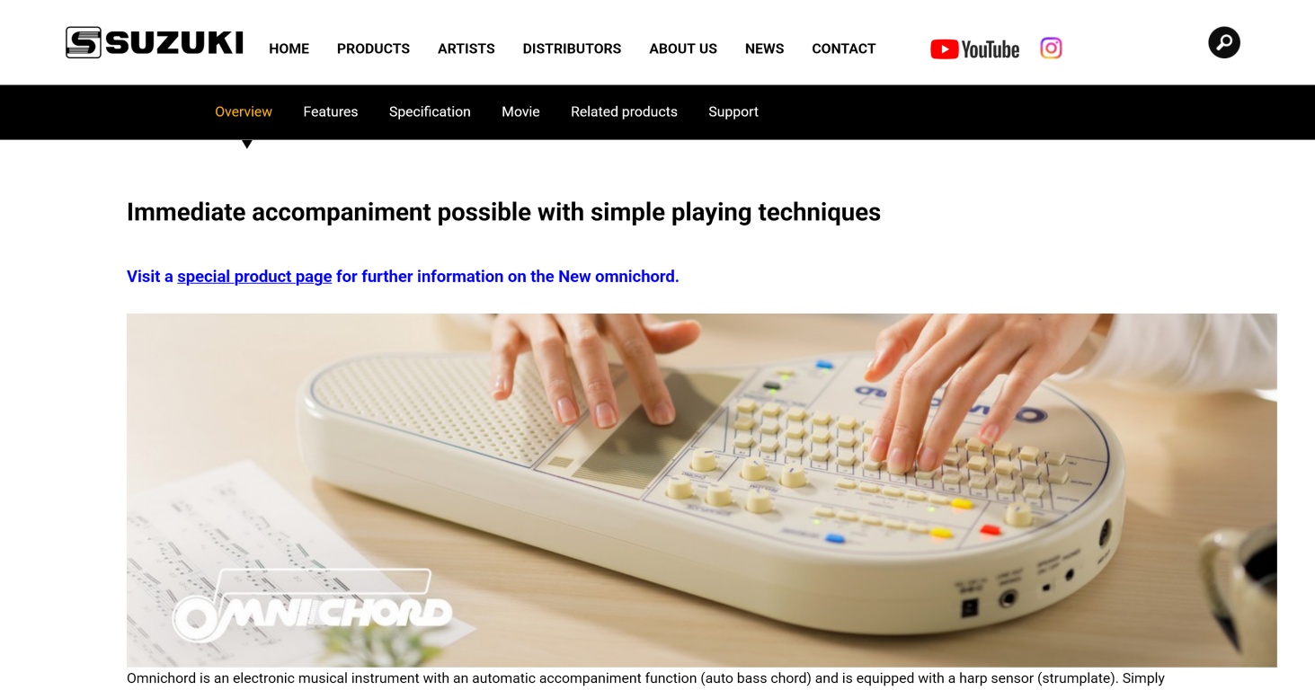 Suzuki Music global website showing the Omnichord OM-108
