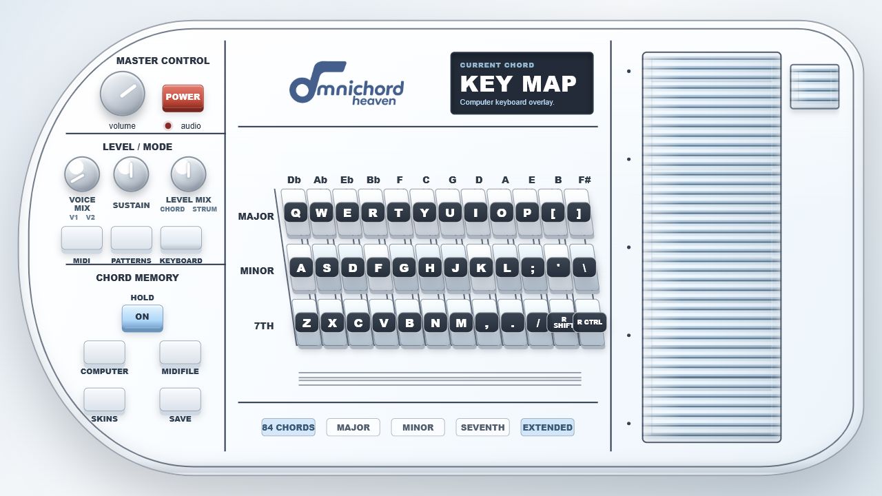 OH-84 Lite computer keyboard map showing the Major chord row on Q to ], the Minor row on A to backslash, the 7th row on Z to Right Ctrl, and the strumplate played from the top number row.